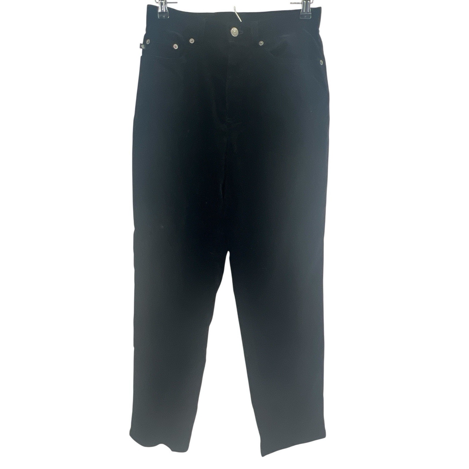 Ralph Lauren Black Velvet 5 Pocket Straight Leg Pants 8p Vintage Leather Patch